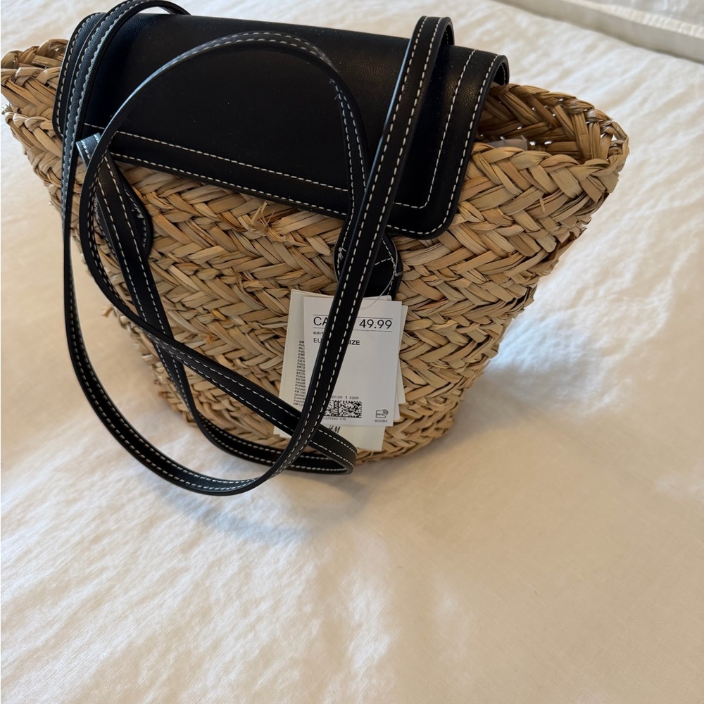 H&M Straw Tote with Black Leather Flap and Straps